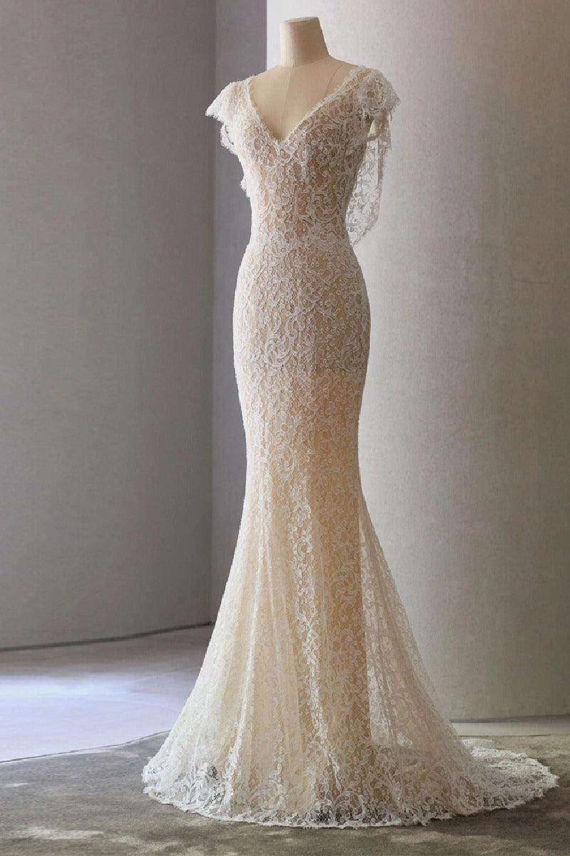 Trumpet-Mermaid Sweep-Brush Train Lace Wedding Dress 802161905314 - COCOMELODY